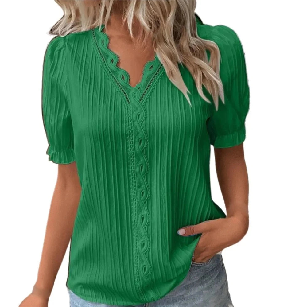 V-Neck Hollow Short Sleeve Splice Loose Street Blouse - Deb Shops