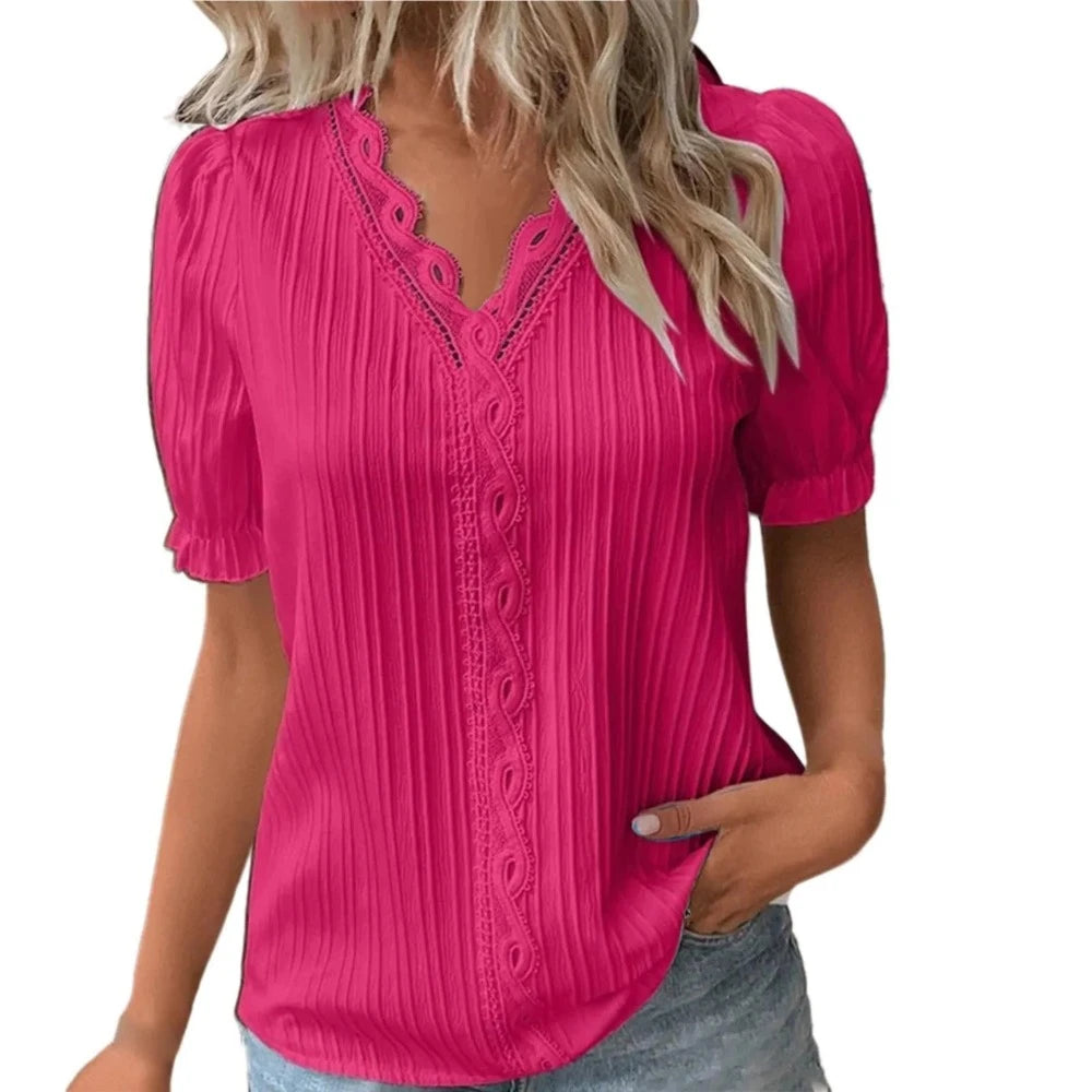 V-Neck Hollow Short Sleeve Splice Loose Street Blouse - Deb Shops