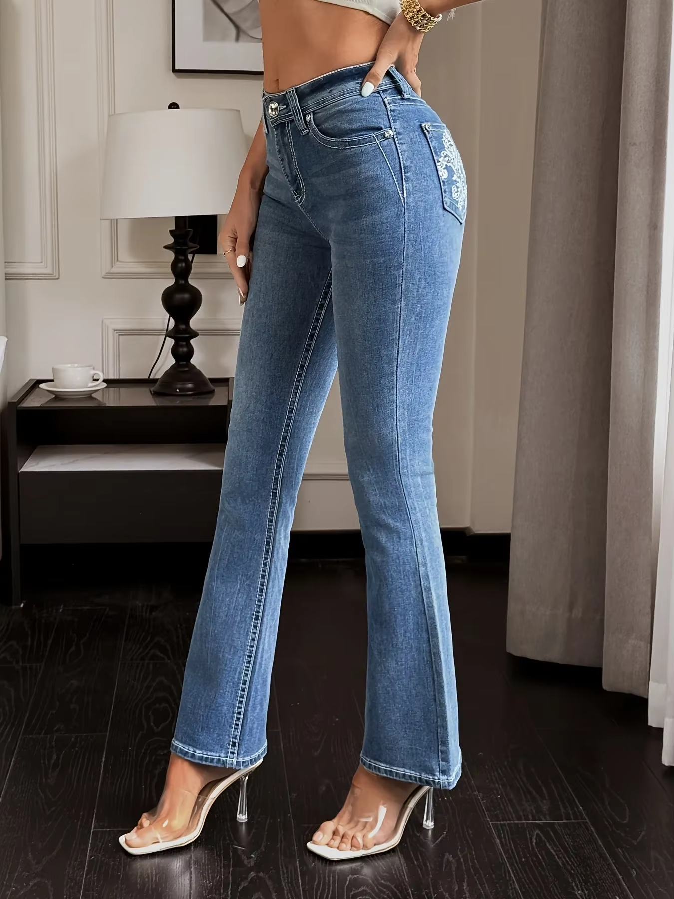 Street Style High Waist Flared Denim Embroidered Stretch Fit Jeans