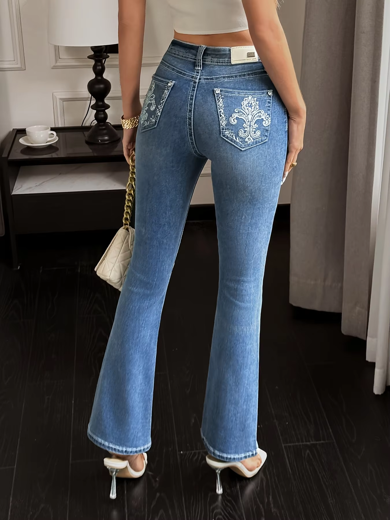 Street Style High Waist Flared Denim Embroidered Stretch Fit Jeans