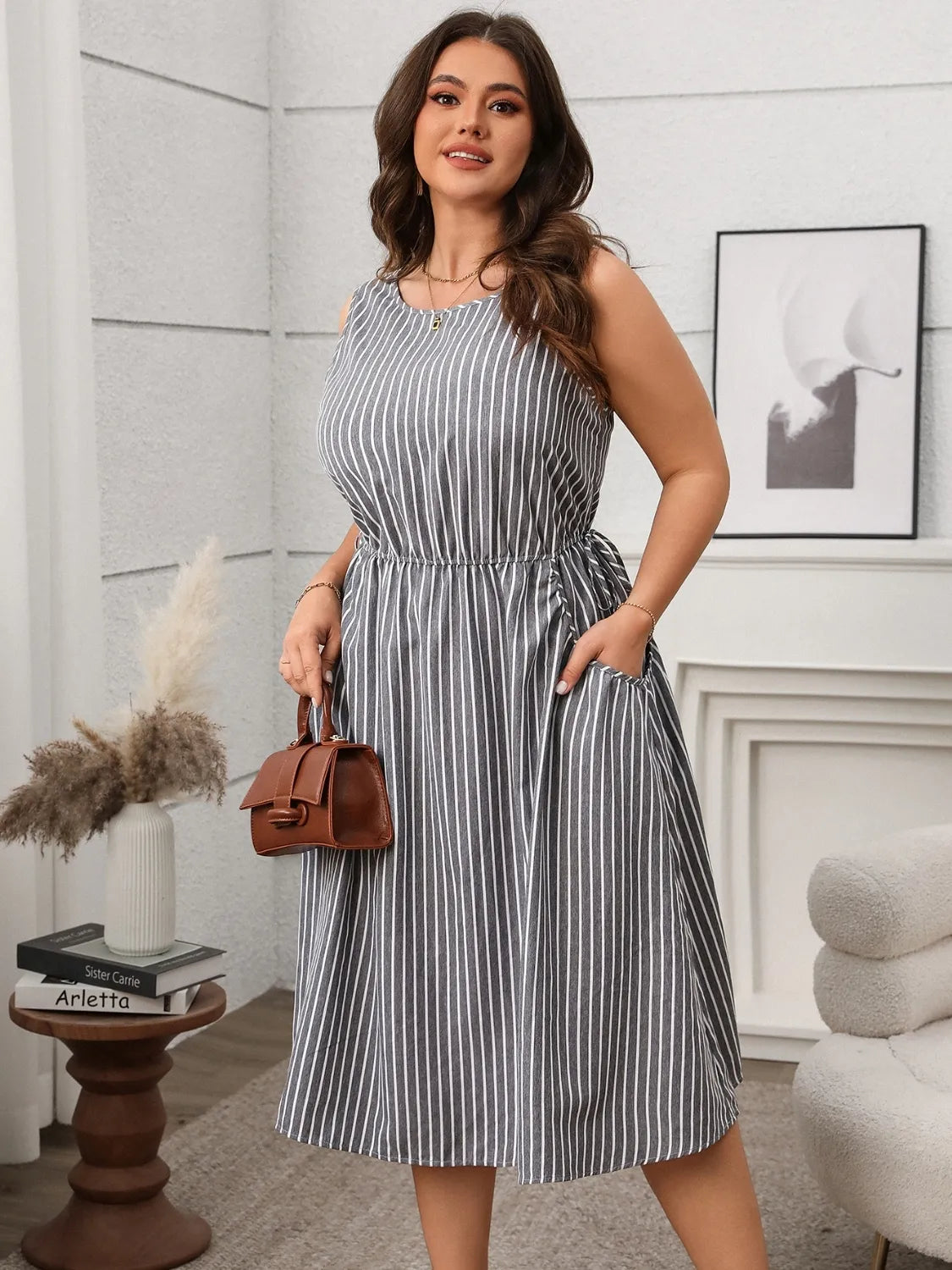 Striped Round Neck Sleeveless Dress | Deb Shops