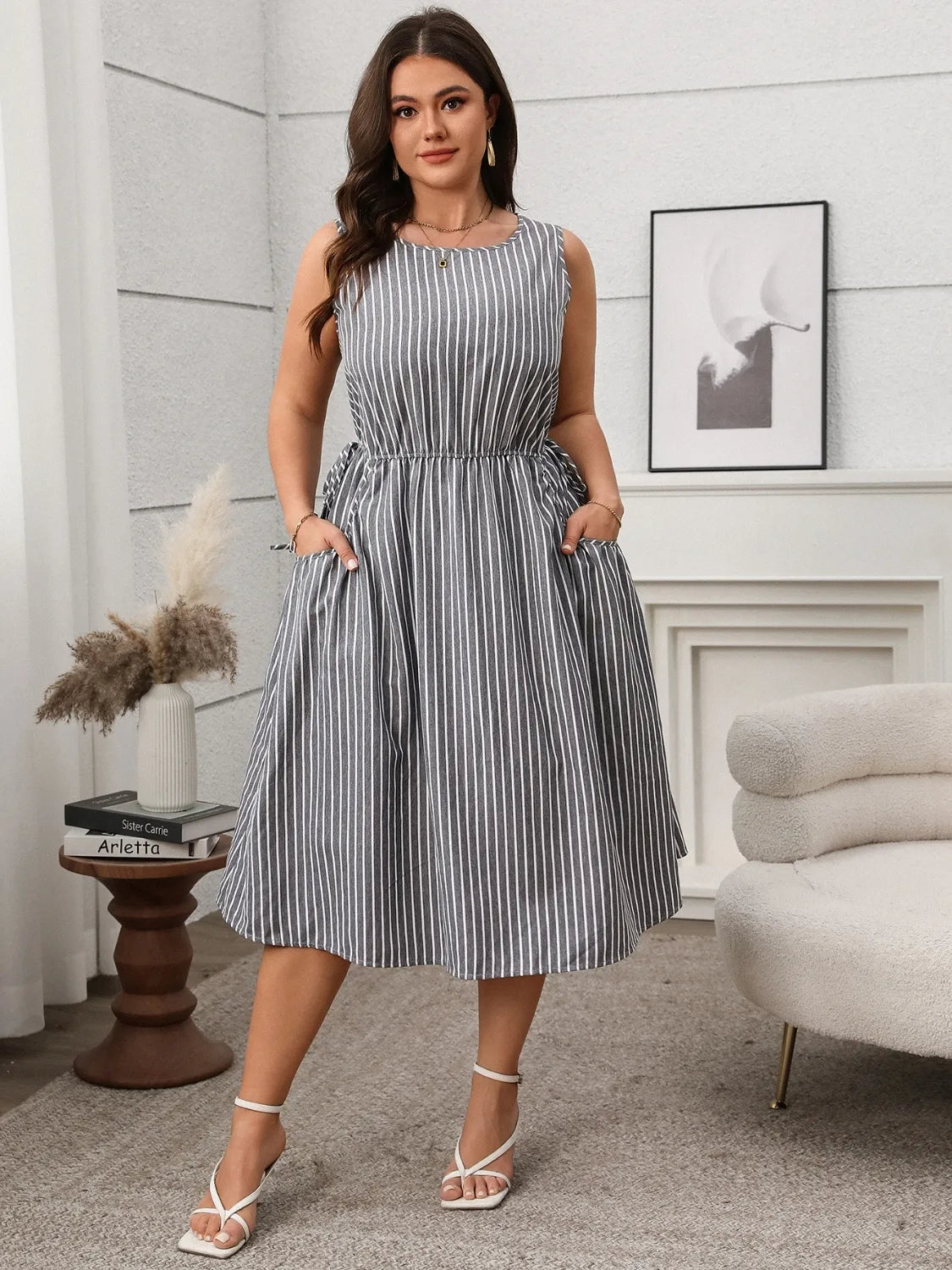 Striped Round Neck Sleeveless Dress | Deb Shops