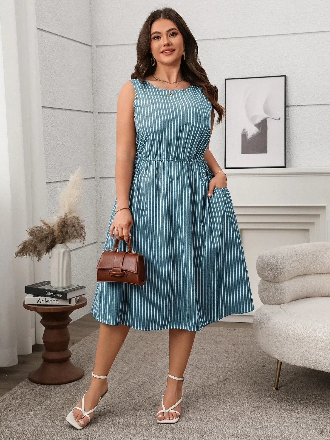 Striped Round Neck Sleeveless Dress | Deb Shops