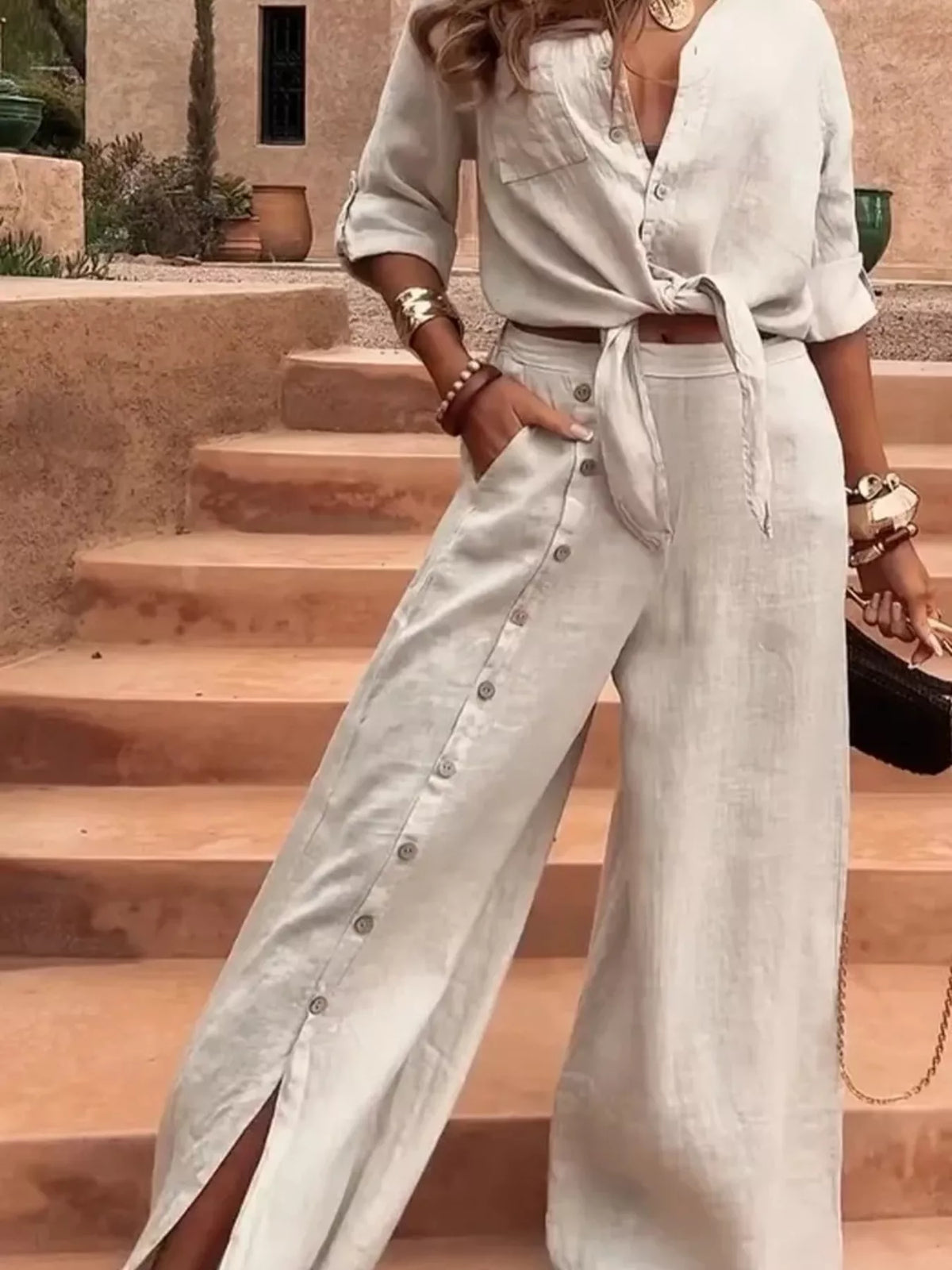 Tie-Front Shirt & Wide-Leg Pants Set