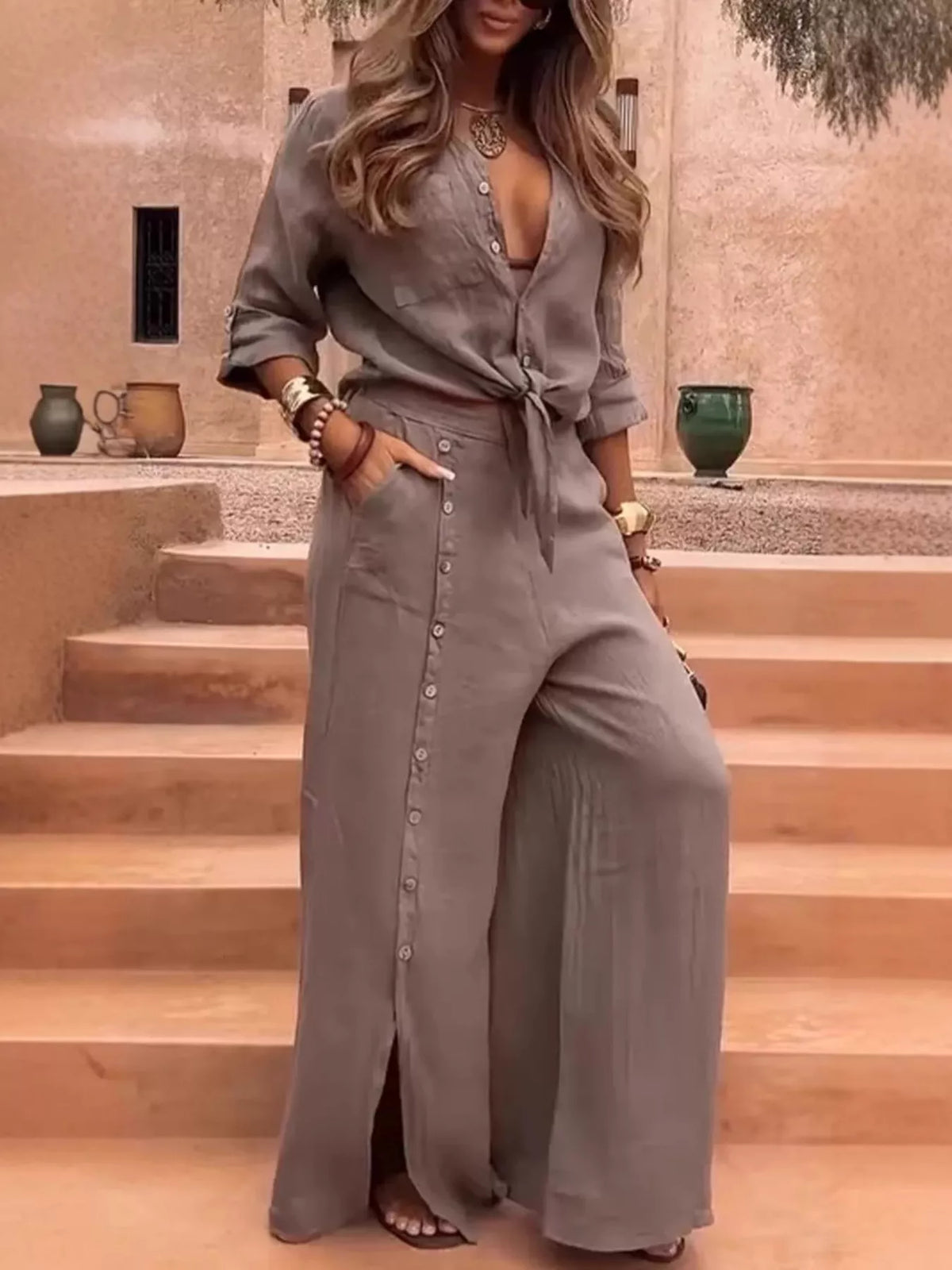 Tie-Front Shirt & Wide-Leg Pants Set