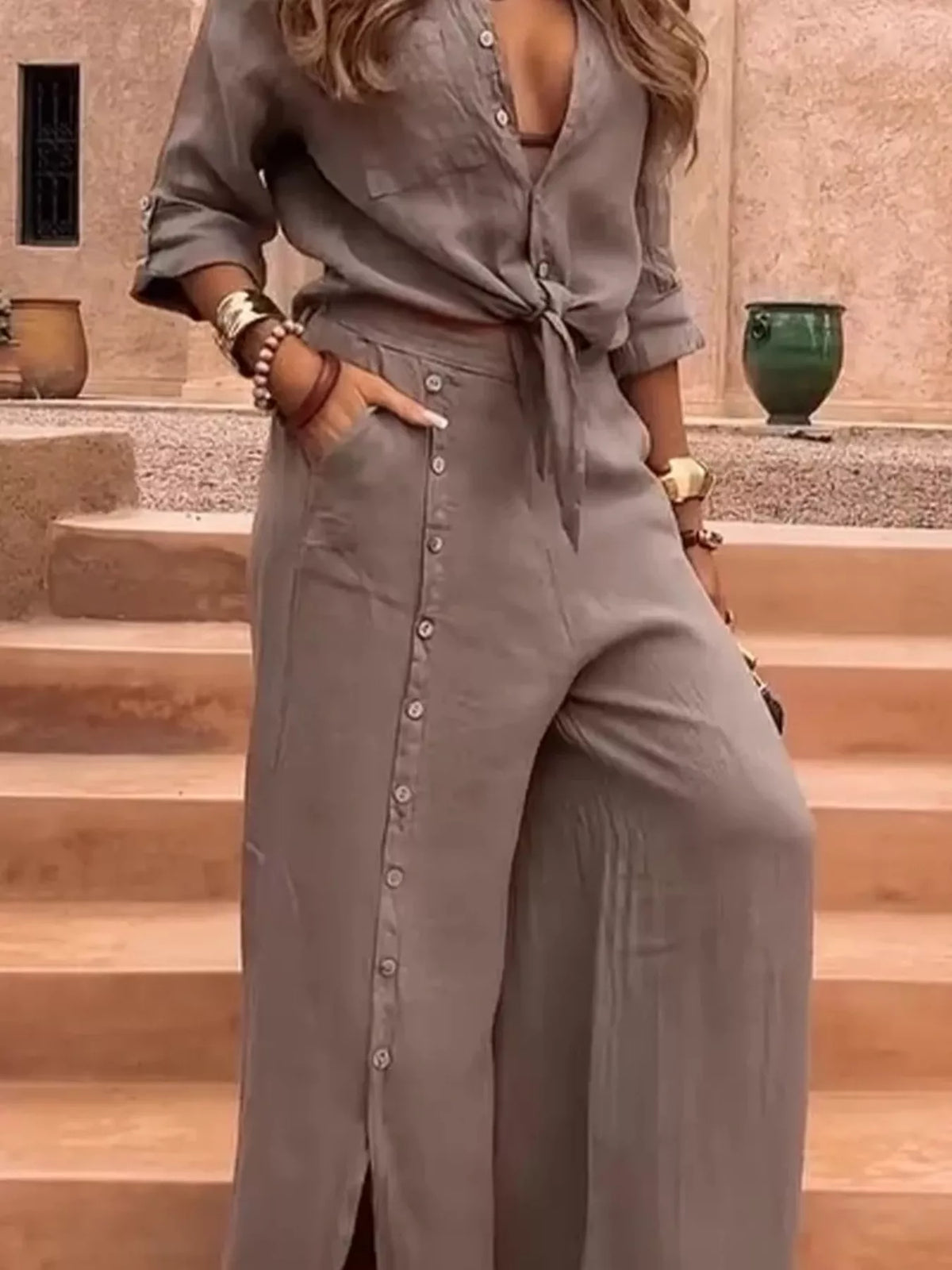 Tie-Front Shirt & Wide-Leg Pants Set