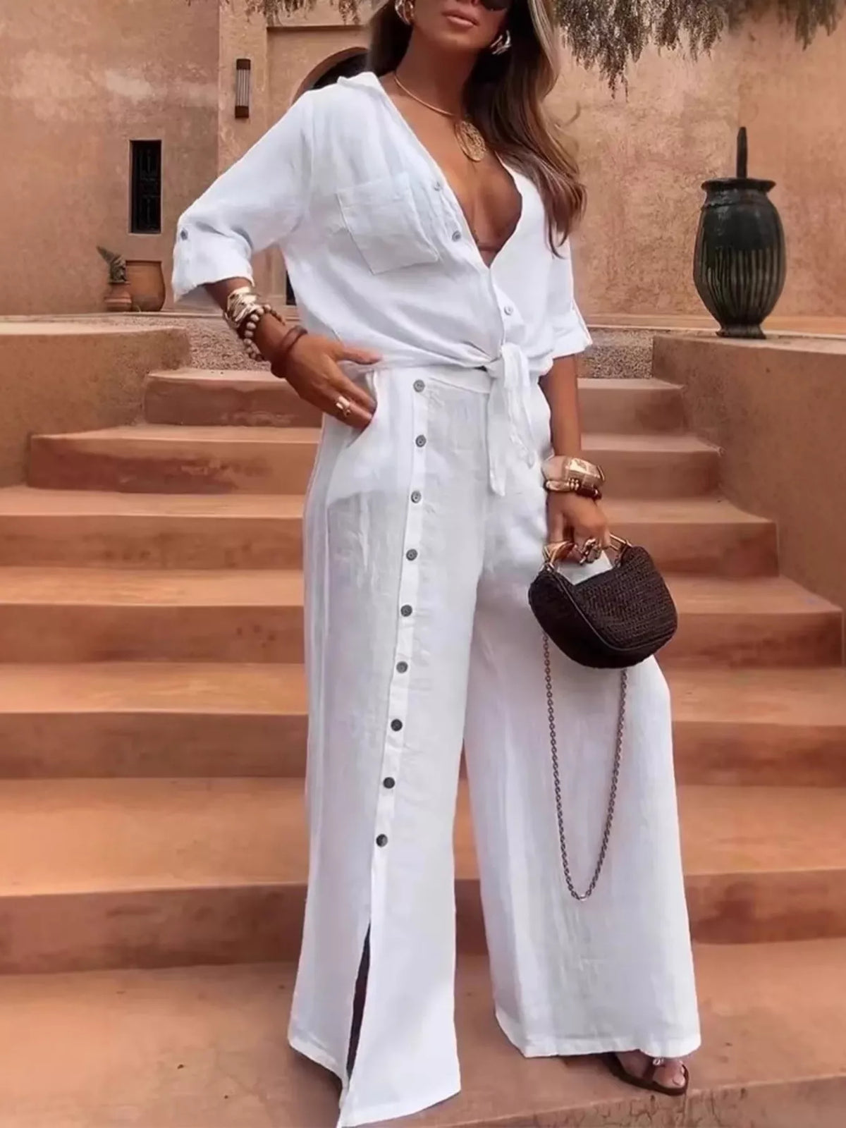 Tie-Front Shirt & Wide-Leg Pants Set
