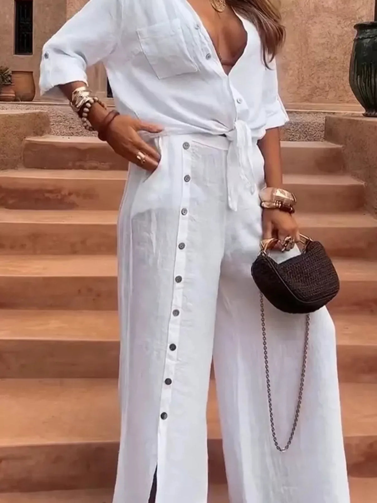 Tie-Front Shirt & Wide-Leg Pants Set
