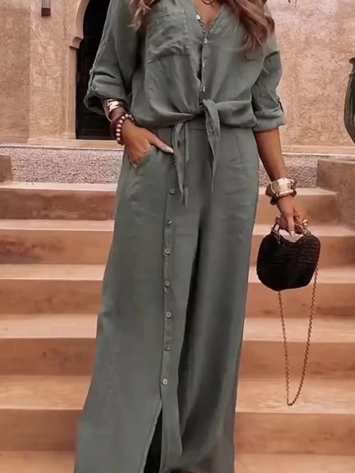 Tie-Front Shirt & Wide-Leg Pants Set