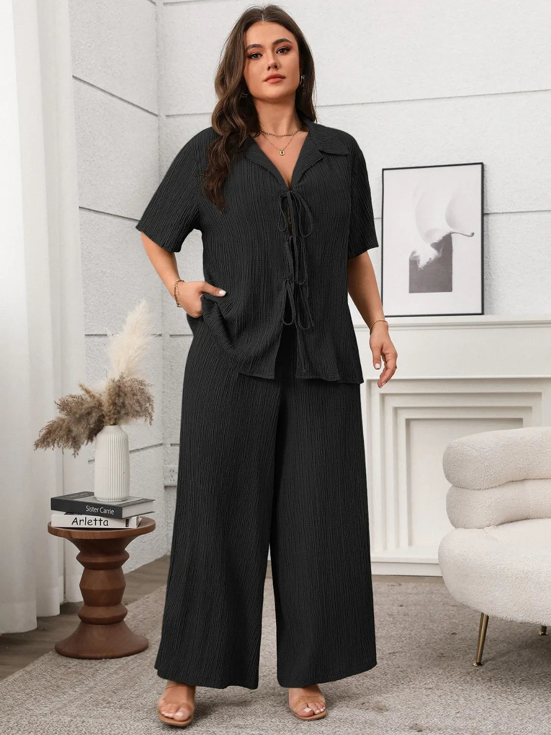 Tie Front Short Sleeve Top and Pants Set | Deb Shops