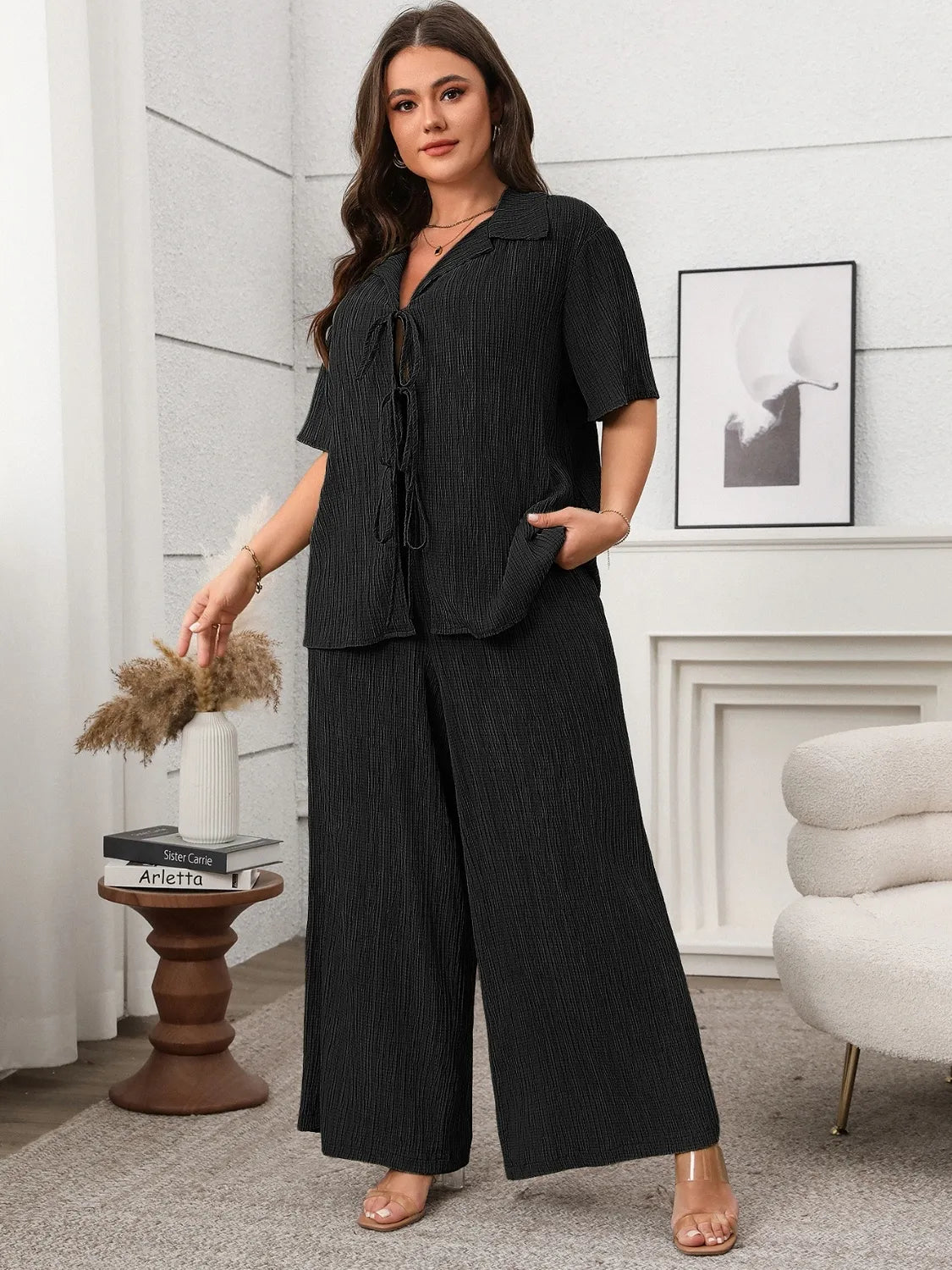 Tie Front Short Sleeve Top and Pants Set | Deb Shops