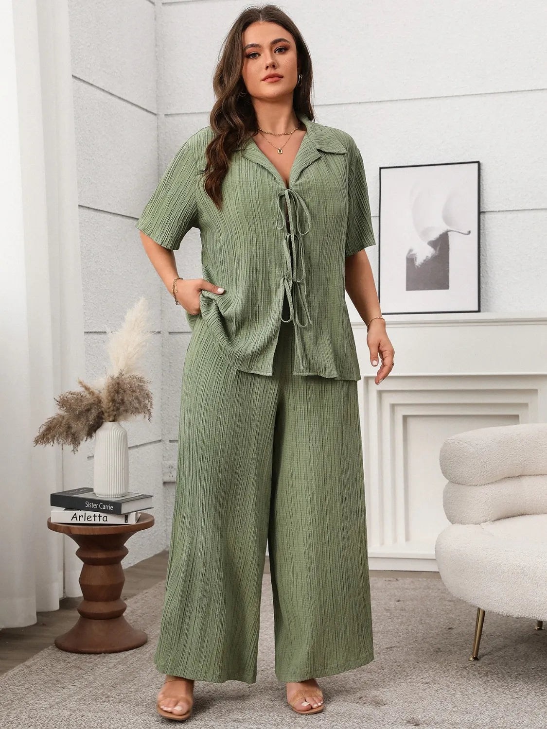 Tie Front Short Sleeve Top and Pants Set | Deb Shops