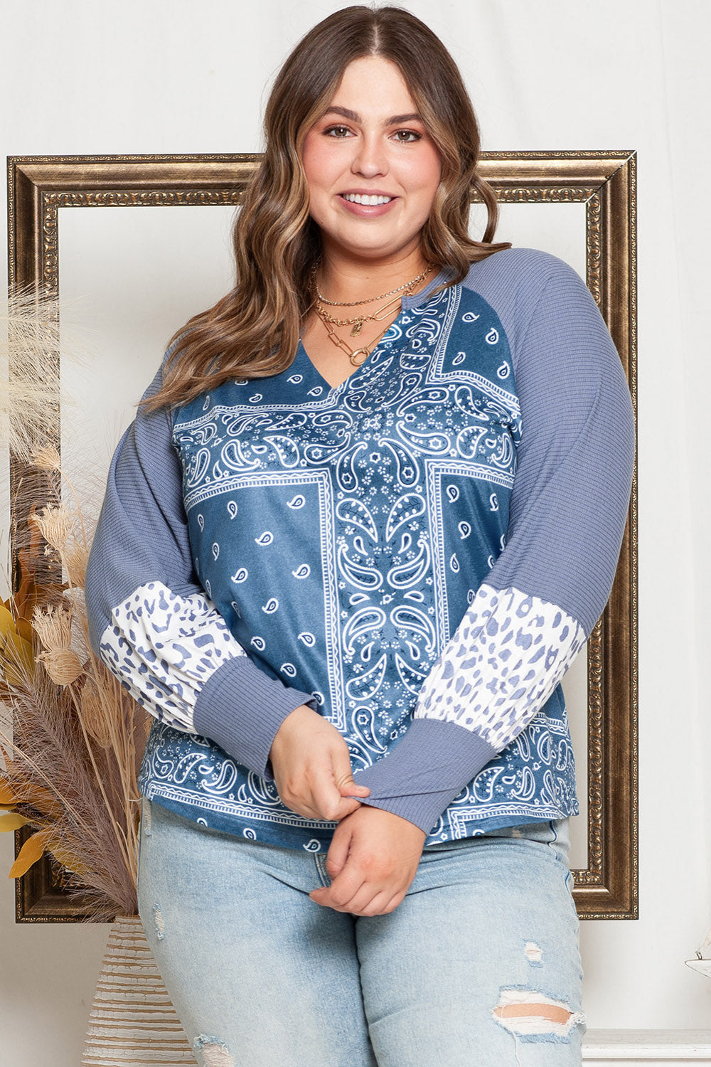 V-Neck Printed Raglan Sleeve Blouse | Deb Shops
