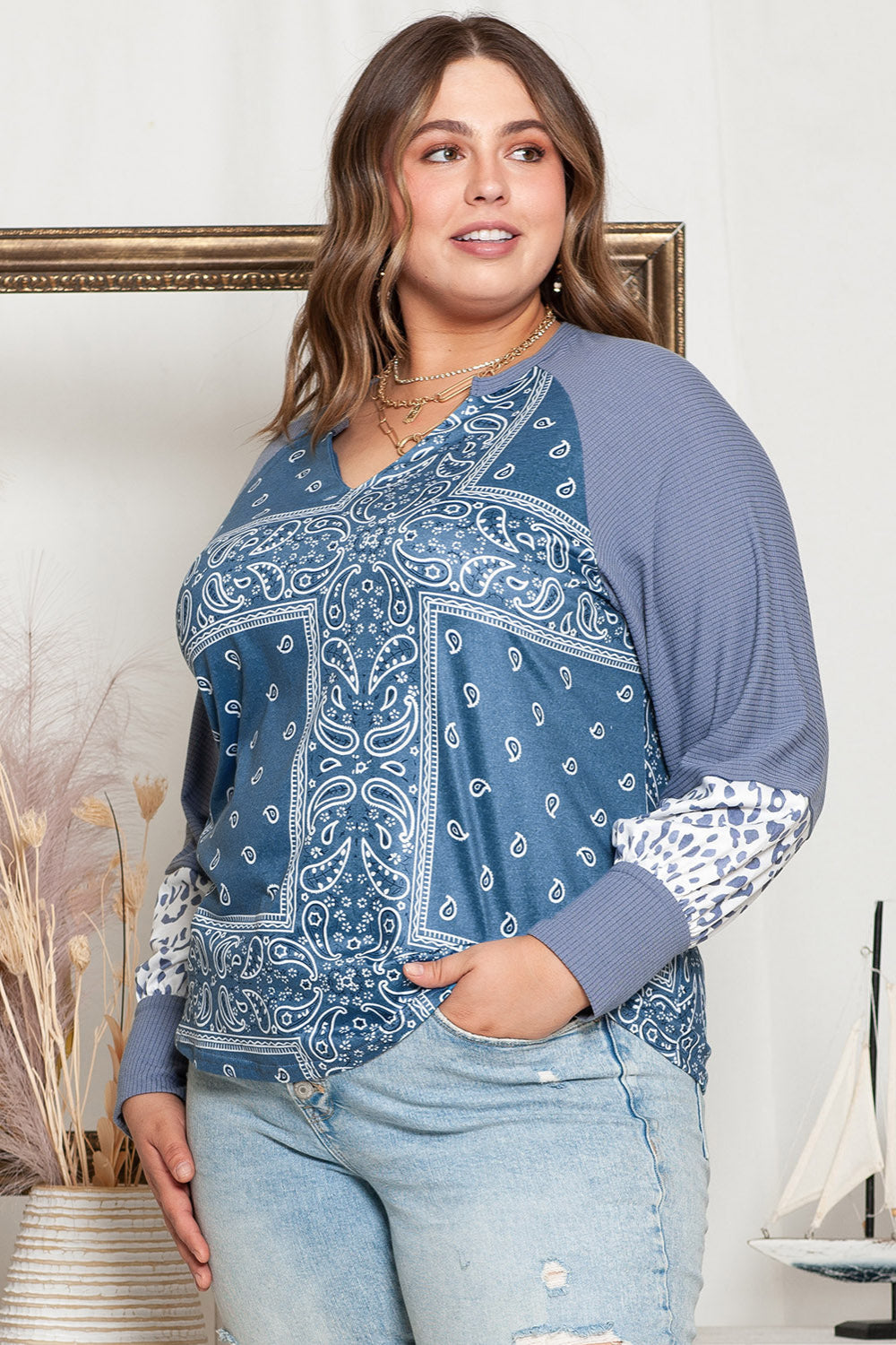V-Neck Printed Raglan Sleeve Blouse | Deb Shops