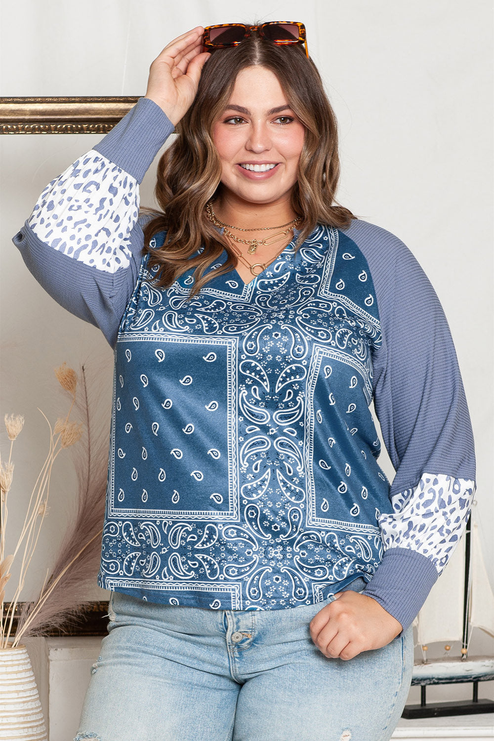V-Neck Printed Raglan Sleeve Blouse | Deb Shops