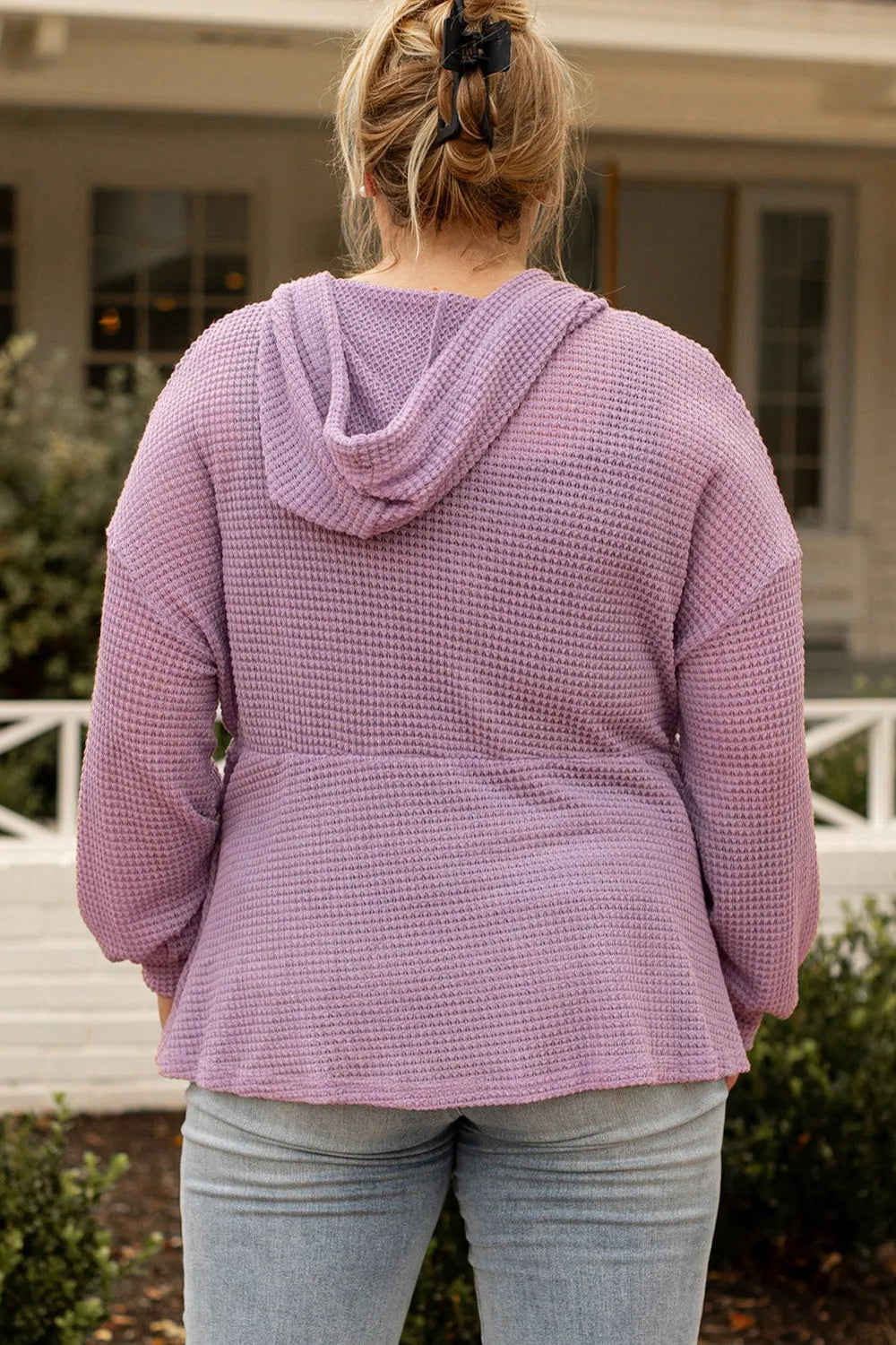 Waffle Knit Drawstring Half Button Hooded Knit Top | Deb Shops
