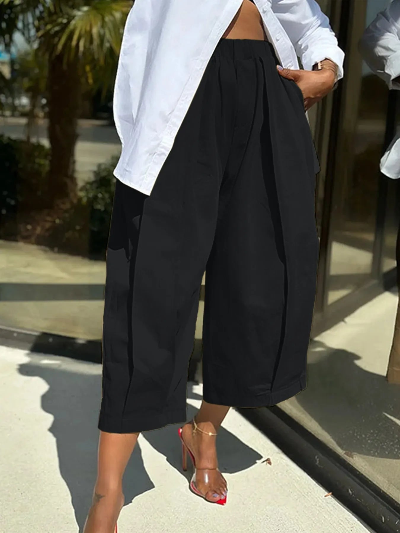 Wide Leg Pleated Detail Cropped Pants | Deb Shops
