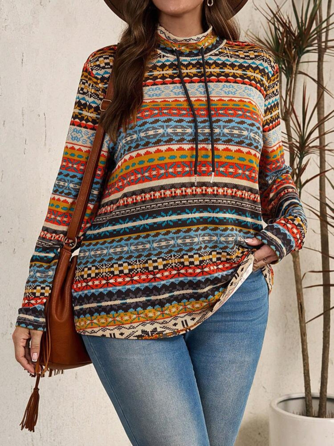 Plus Size Drawstring Printed Mock Neck Long Sleeve Top - Deb Shops