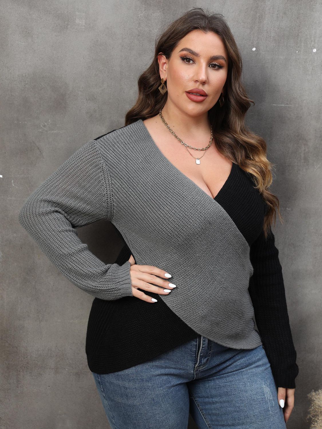 Plus Size Two-Tone Surplice Neck Sweater - Deb Shops