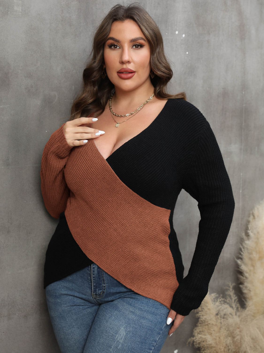 Plus Size Two-Tone Surplice Neck Sweater - Deb Shops