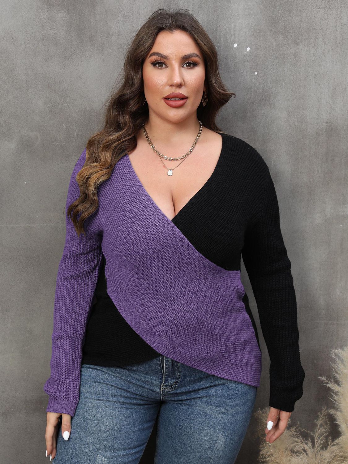 Plus Size Two-Tone Surplice Neck Sweater - Deb Shops