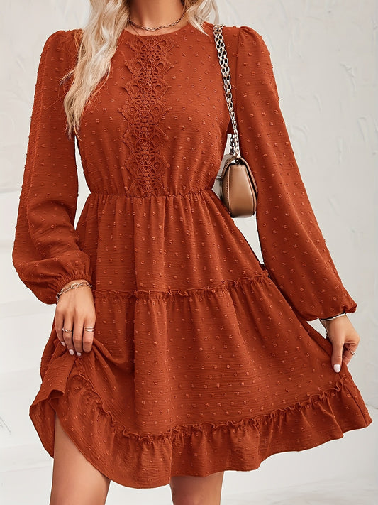 Lace Detail Swiss Dot Round Neck Mini Dress - Deb Shops