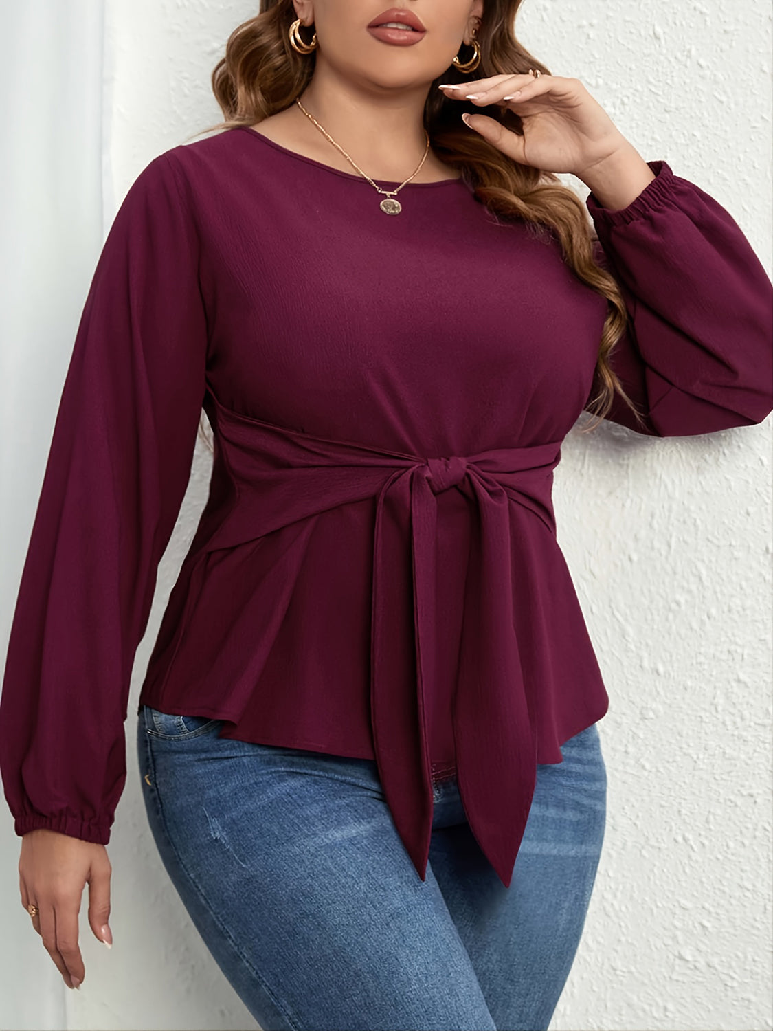 Plus Size Tie Front Long Sleeve Blouse - Deb Shops