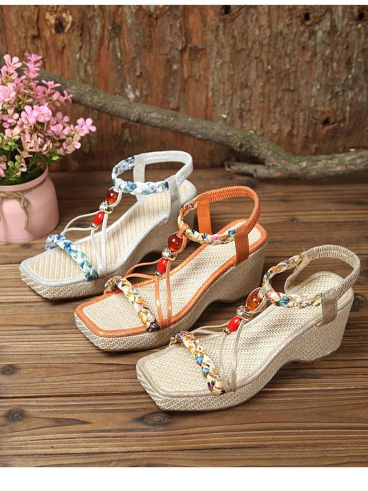 Bohemian Floral Beaded Wedge Sandals - Deb Shops