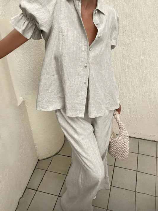 Button - Down Shirt and Wide - Leg Pants Set - Deb Shops