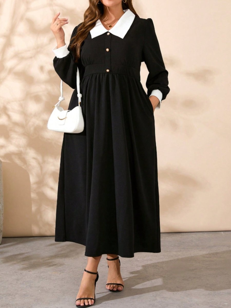 Contrast Collared Neck Long Sleeve Midi Dress - Deb Shops