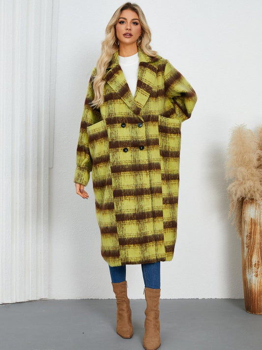 Contrast Double - Breasted Long Sleeve Longline Coat - Deb Shops