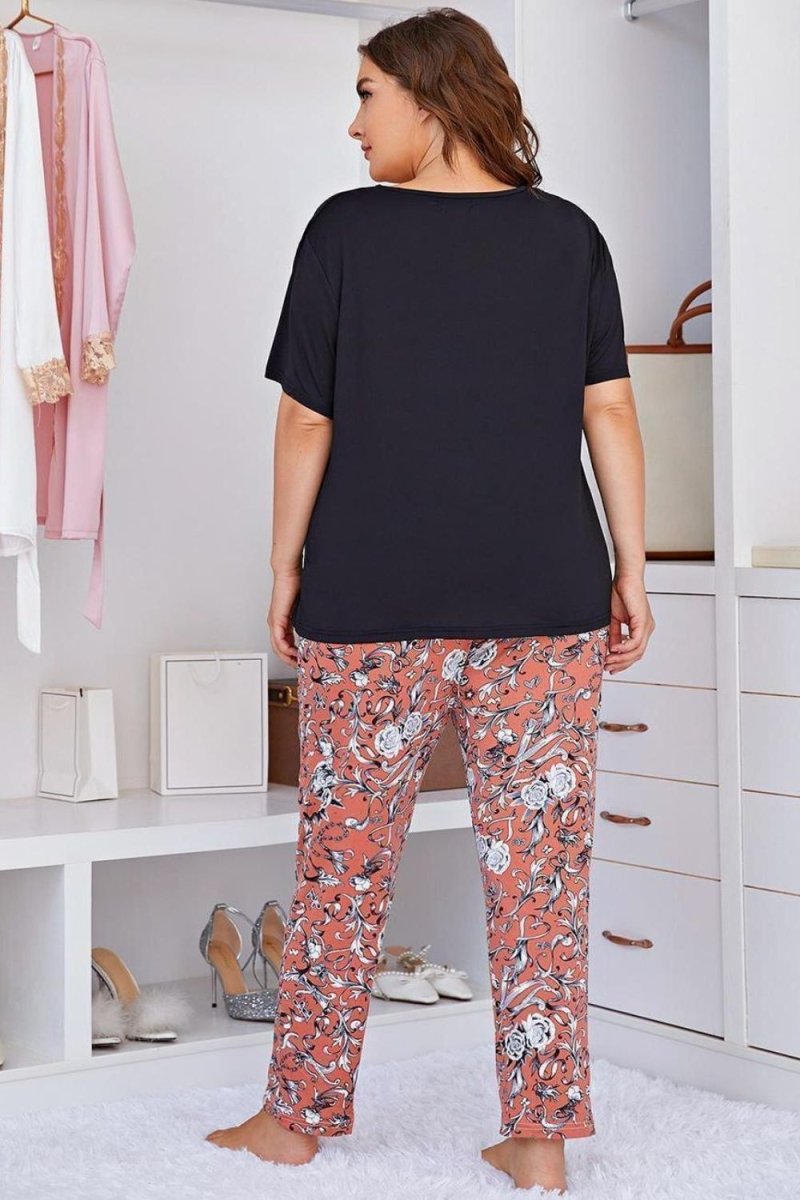 Contrast Round Neck Tee and Floral Pants Lounge Set - Deb Shops