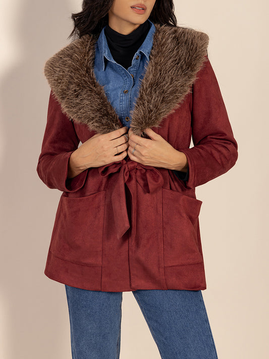 Fuzzy Collared Neck Tie Waist Jacket - Deb Shops