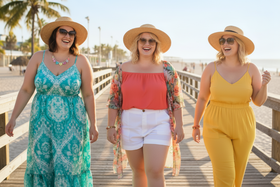 Three women in Deb Shops summer clothing walking on a boardwalk.
