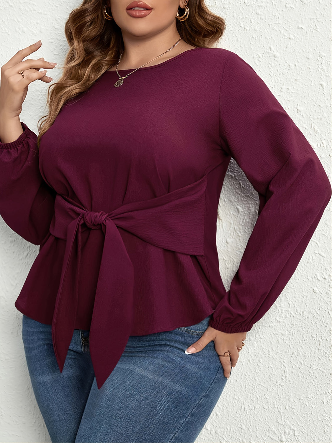 Plus Size Tie Front Long Sleeve Blouse - Deb Shops