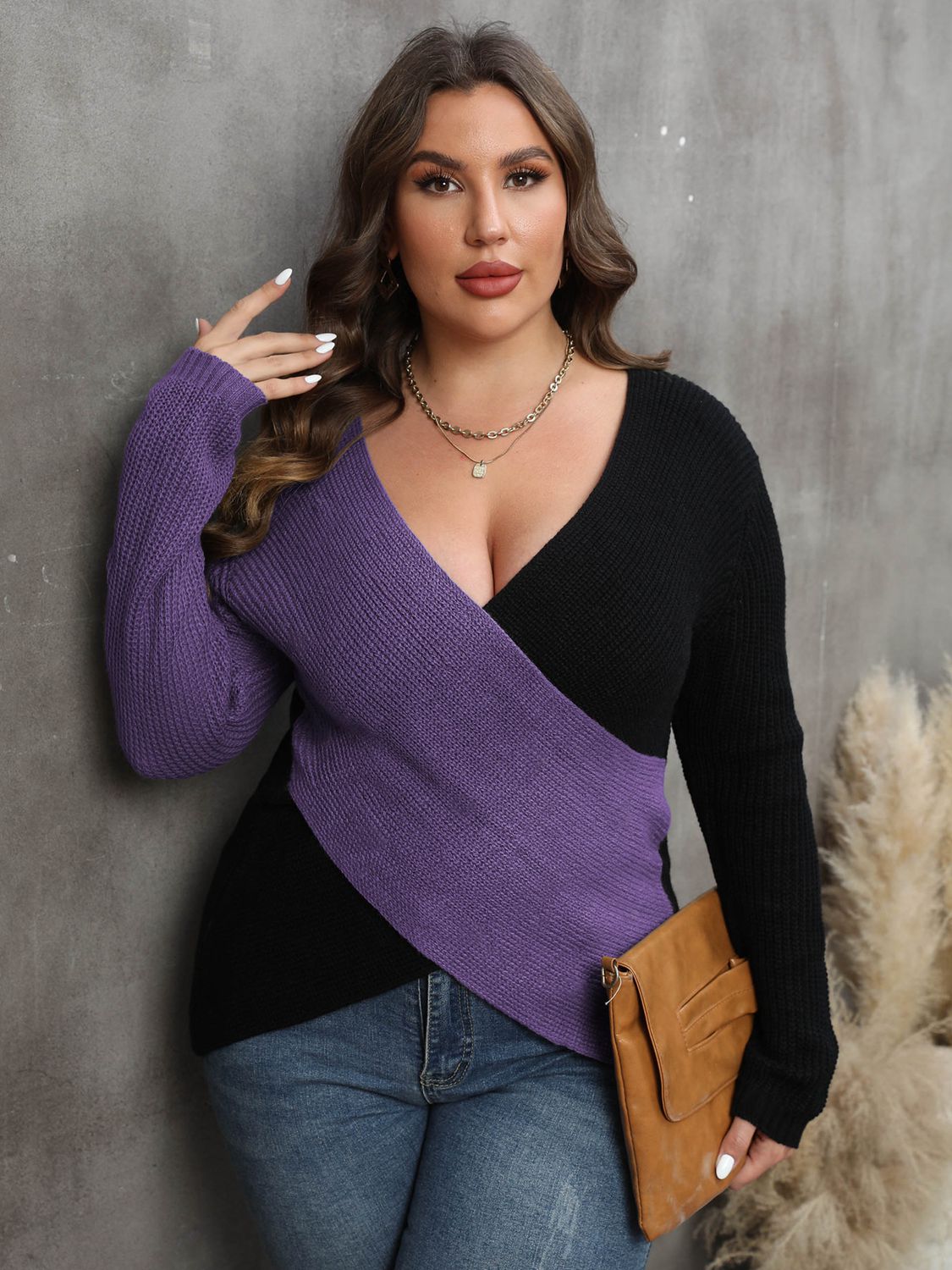 Plus Size Two-Tone Surplice Neck Sweater - Deb Shops