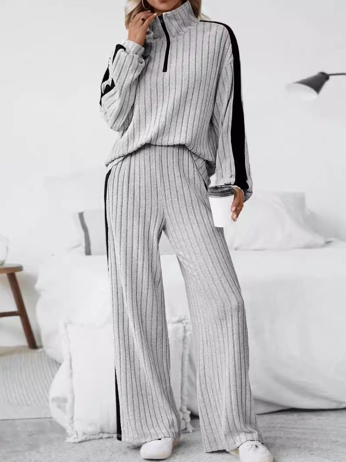 Plus Size Half Zip Long Sleeve Top and Pants Set - Deb Shops