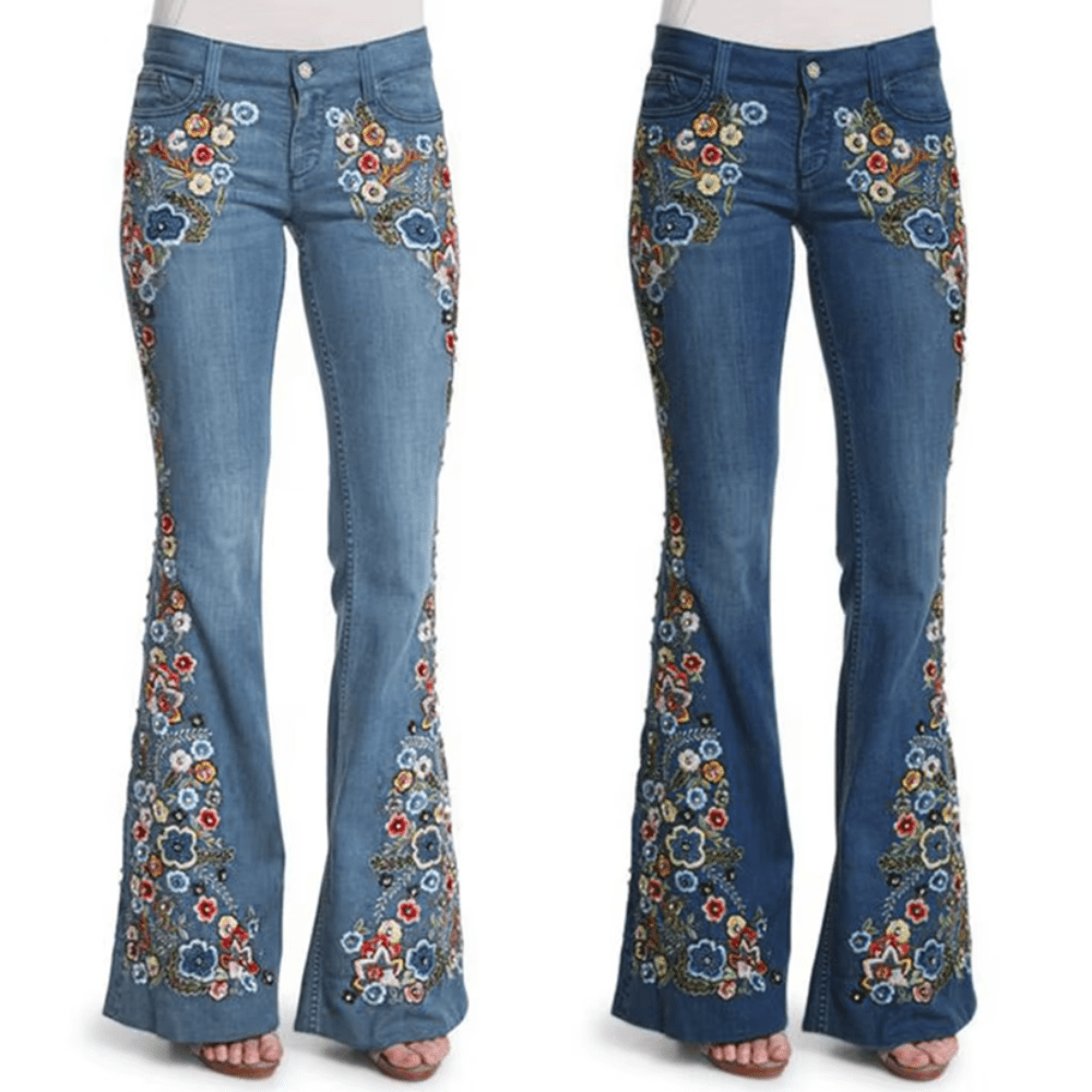Embroidery Flowers Flare Waist Bell Denim Jeans - Deb Shops