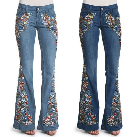 Embroidery Flowers Flare Waist Bell Denim Jeans - Deb Shops