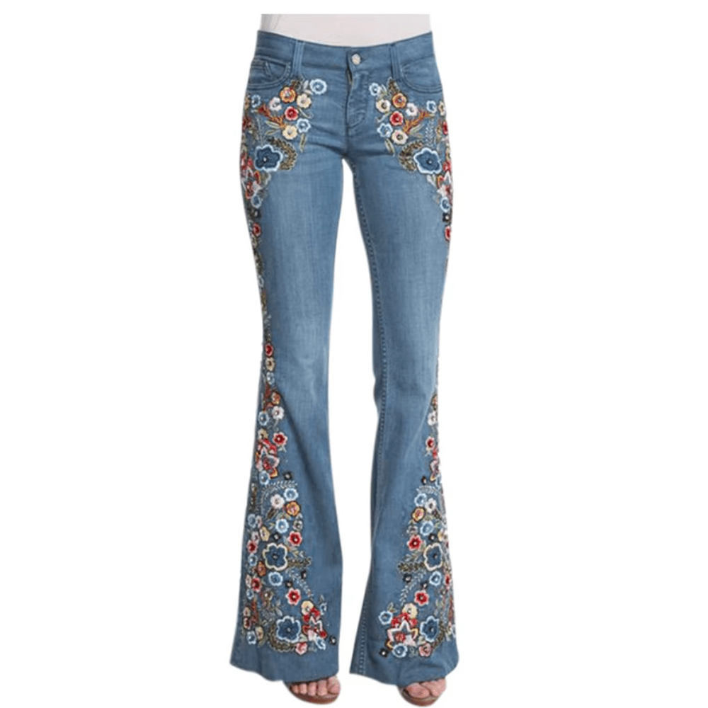 Embroidery Flowers Flare Waist Bell Denim Jeans - Deb Shops