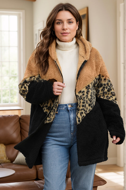 Plus Size Leopard Zip Up Hooded Outerwear - Deb Shops