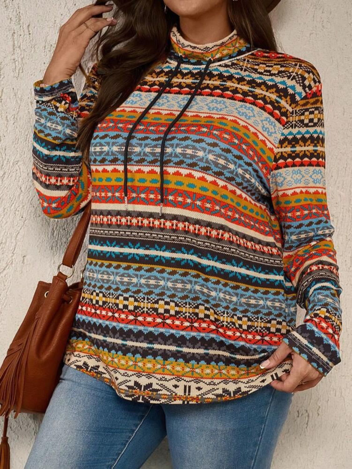 Plus Size Drawstring Printed Mock Neck Long Sleeve Top - Deb Shops