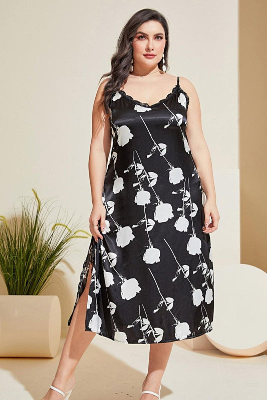 Floral Lace Trim Side Slit Night Dress - Deb Shops