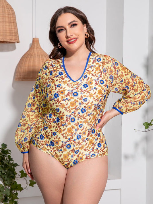 Floral Open Back Long Sleeve One - Piece Swimsuit - Deb Shops