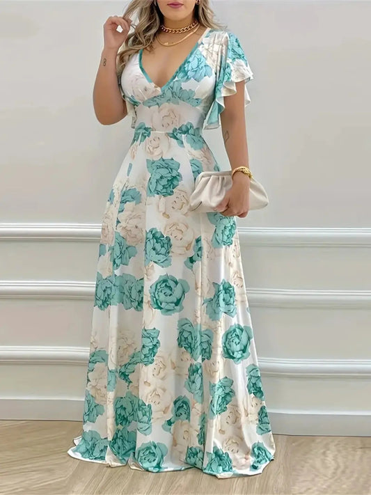 Floral Print V - Neck Maxi Dress with Flutter Sleeves - Deb Shops