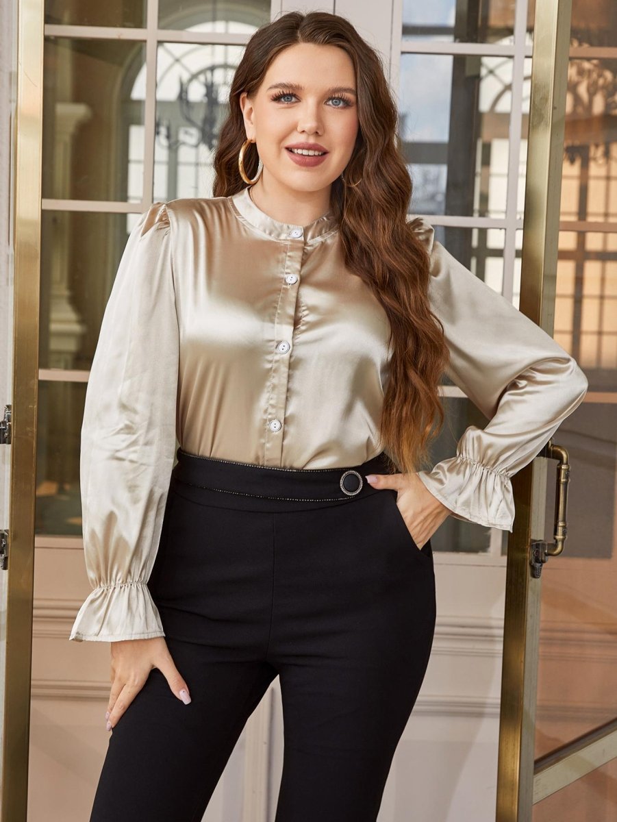 Flounce Sleeve Band Collar Shirt - Deb Shops
