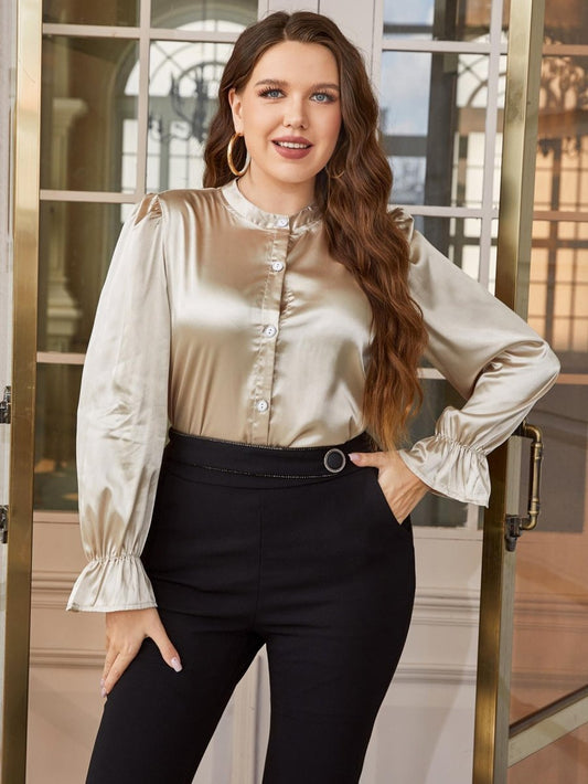 Flounce Sleeve Band Collar Shirt - Deb Shops