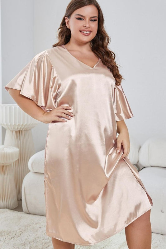 Flutter Sleeve V - Neck Side Slit Night Gown - Deb Shops