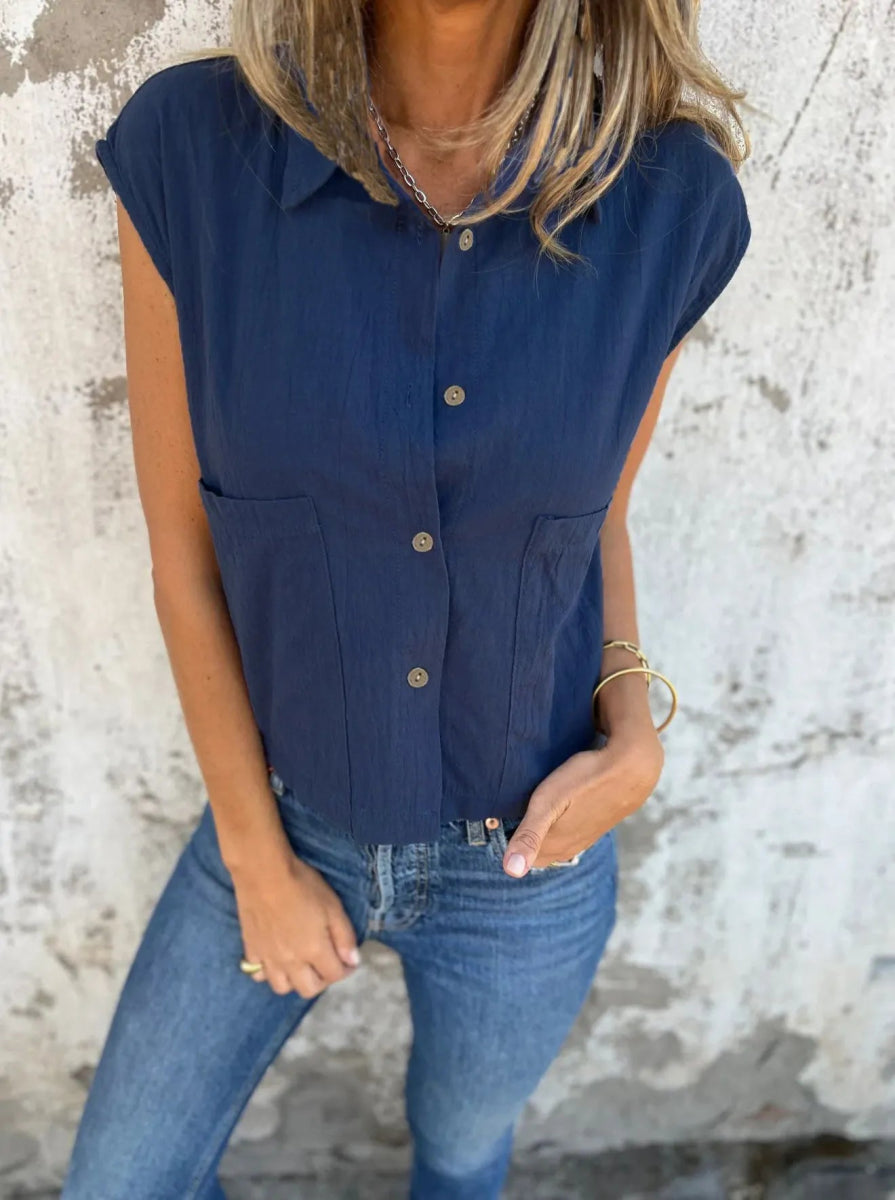 Full Size Button Down Cap Sleeve Linen Shirt - Deb Shops