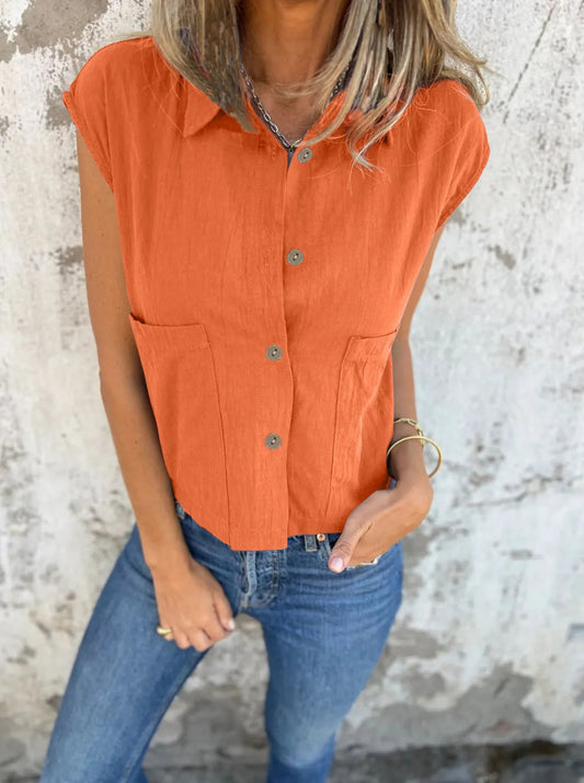 Full Size Button Down Cap Sleeve Linen Shirt - Deb Shops
